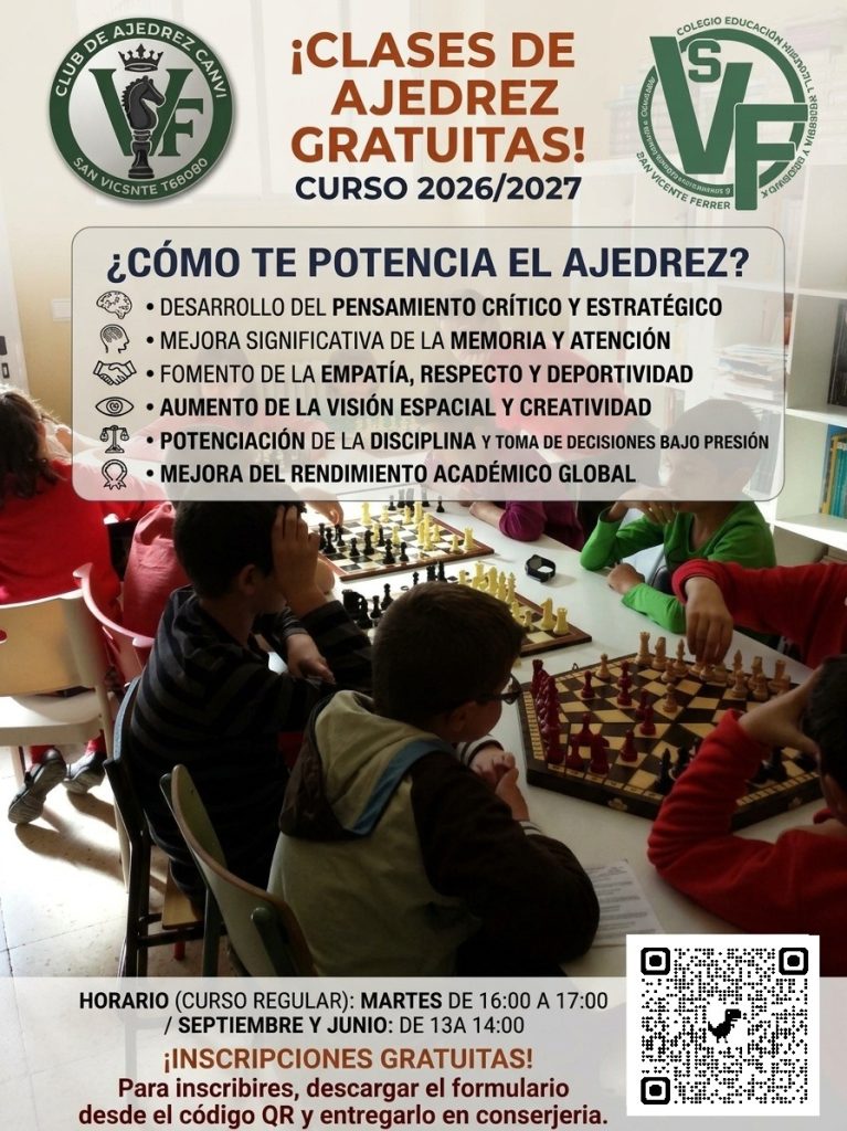 Cartel informativo de las clases gratuitas de ajedrez del curso 2026-2027